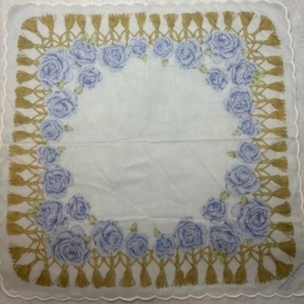 PIERRE BALMAIN Scarf Handkerchief Blue Rose Floral Cotton White Gold 18x18
